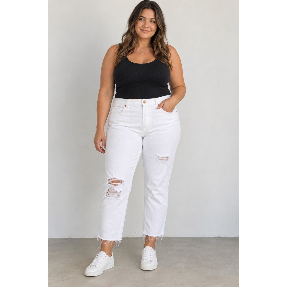 Express White Distressed High Rise Straight Ankle Jeans Raw Hem 16 Short Boho
